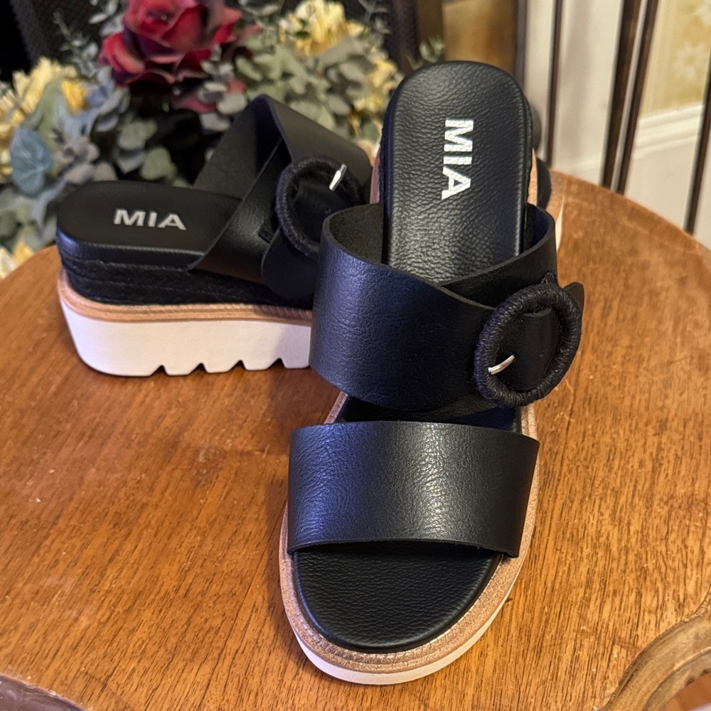MIA Black Platform Slide Sandals with Buckle